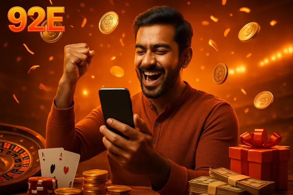 92E bonuses โ a Pakistani man raising his fist in celebration as golden coins and orange confetti fall around his phone 92E bonuses โ a Pakistani man raising his fist in celebration as golden coins and orange confetti fall around his phone