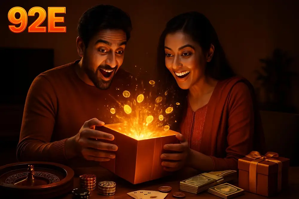92E bonuses โ an excited Pakistani couple opening a glowing gift box bursting with fiery orange sparks and golden 92E bonuses โ an excited Pakistani couple opening a glowing gift box bursting with fiery orange sparks and golden