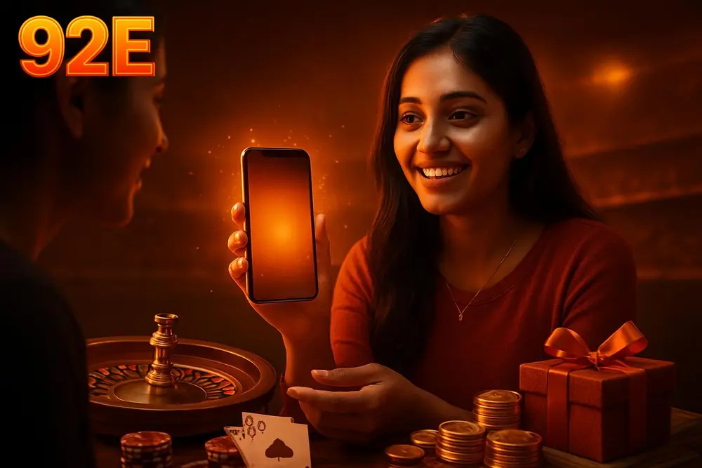 92E APK download โ a young Pakistani woman showing her phone screen to a friend with warm orange light and sparks 92E APK download โ a young Pakistani woman showing her phone screen to a friend with warm orange light and sparks