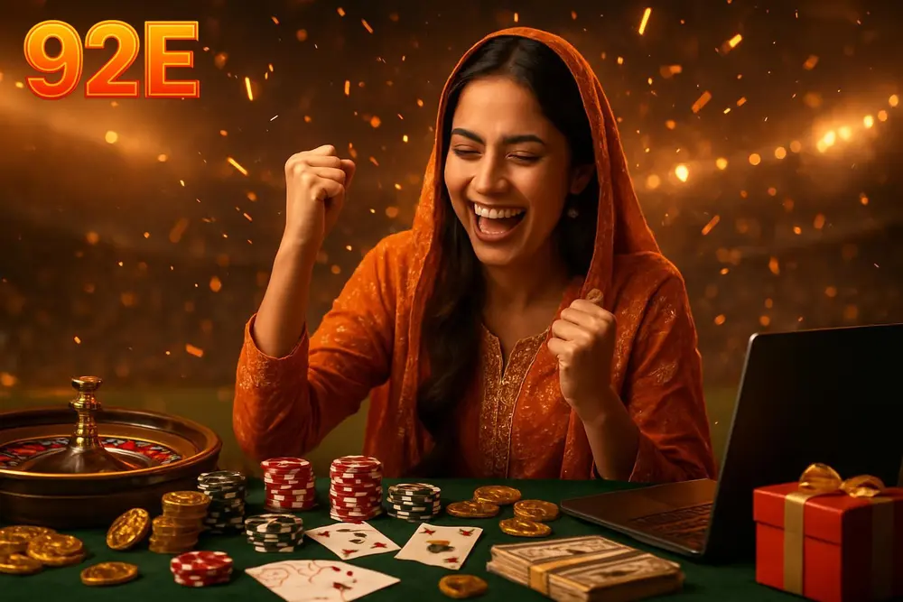 92E Pakistan โ a Pakistani woman celebrating with sparks and confetti near a table with glowing casino chips and cards 92E Pakistan โ a Pakistani woman celebrating with sparks and confetti near a table with glowing casino chips and cards