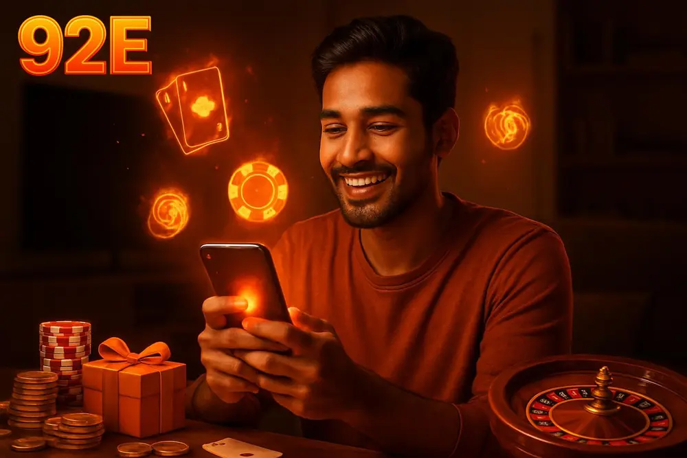 92E Pakistan โ a young Pakistani man smiling while holding a glowing smartphone with fire-themed casino icons 92E Pakistan โ a young Pakistani man smiling while holding a glowing smartphone with fire-themed casino icons