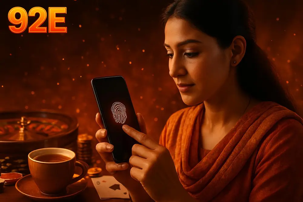 92E login — a Pakistani woman unlocking her phone with a fingerprint near a cup of tea and glowing embers in the