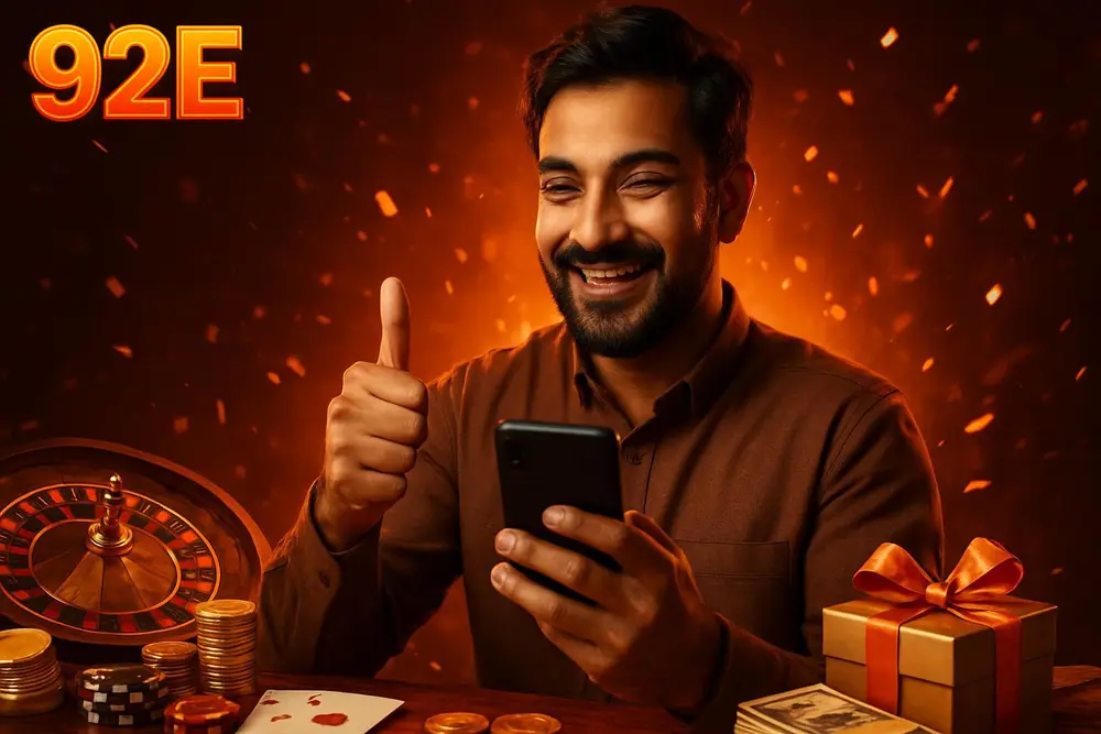 92E register — a Pakistani man giving a thumbs up after completing sign-up on his phone with glowing fire-colored